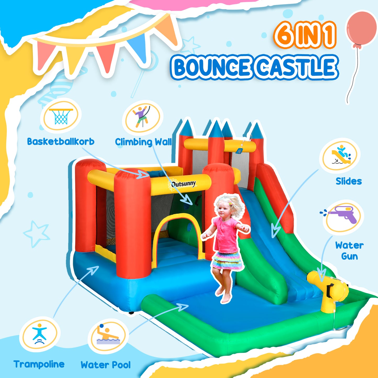 Kids Inflatable 6 in 1 Bouncy Castle House Trampoline Slide Water Pool Gun Climbing Wall Basket with Inflator for Kids Age 3-12 Summer 11.5' x 8.8' x 7' Multi-color