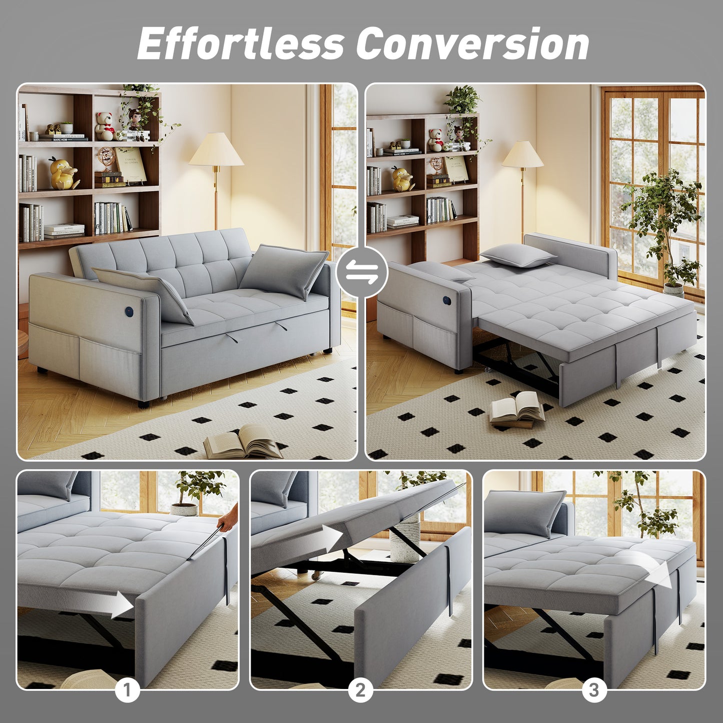 3‑in‑1 Double Sofa Bed, Pull Out Sleeper Sofa with USB Charging, Adjustable Backrest, Side Pockets, Light Grey