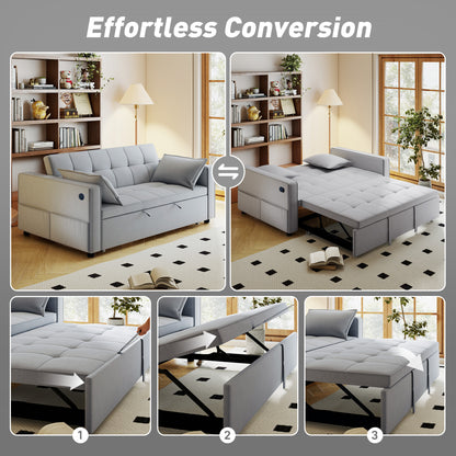 3‑in‑1 Double Sofa Bed, Pull Out Sleeper Sofa with USB Charging, Adjustable Backrest, Side Pockets, Light Grey