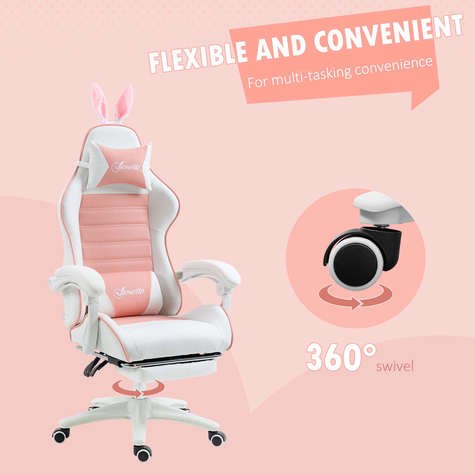 Cute Racing Gamer Chair, PU Leather Gaming Chair with Footrest, Headrest and Lumbar Support, Pink