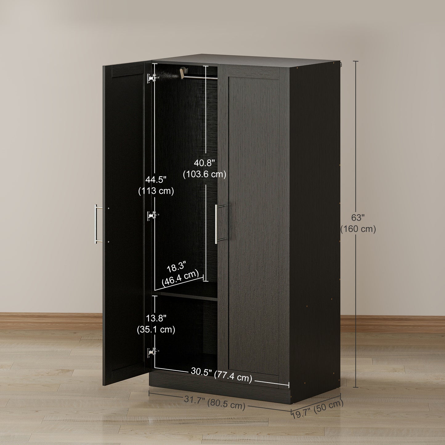 Wardrobe Cabinet with 2 Doors and Hanging Rod, Modern Armoire Wardrobe Closet for Bedroom, Black Wood Effect