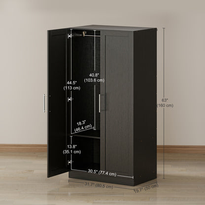 Wardrobe Cabinet with 2 Doors and Hanging Rod, Modern Armoire Wardrobe Closet for Bedroom, Black Wood Effect