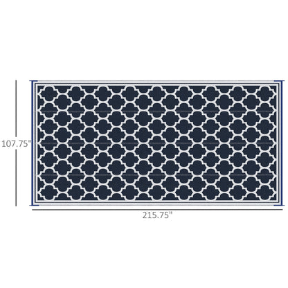 Reversible Outdoor RV Rug, 9' x 18' Patio Floor Mat, Plastic Straw Rug, Dark Blue and White