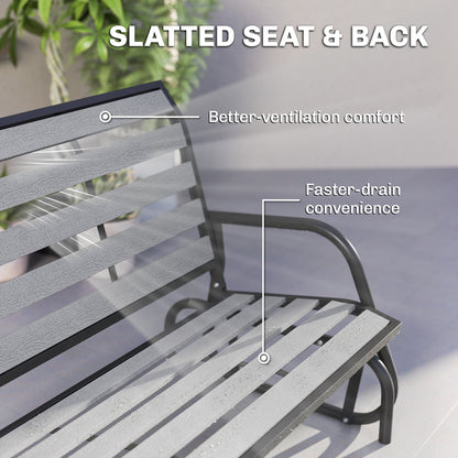 2 Person Outdoor Glider Bench, Patio Glider Loveseat with Faux Wood Slatted Seat and Back, Steel Frame, Grey
