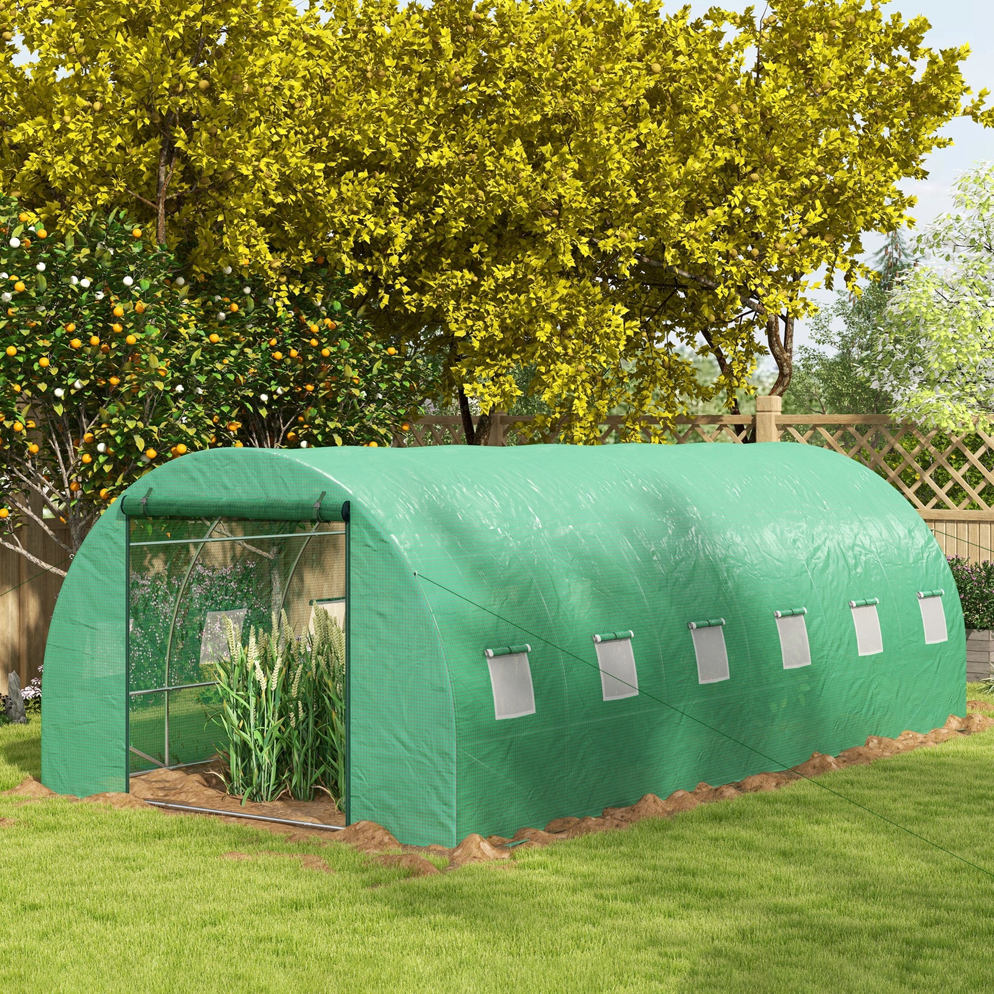 20' x 10' Walk-in Greenhouse with Sprinkler System, Tunnel Green House with Wide Roll-up Door, 12 Mesh Windows, Green