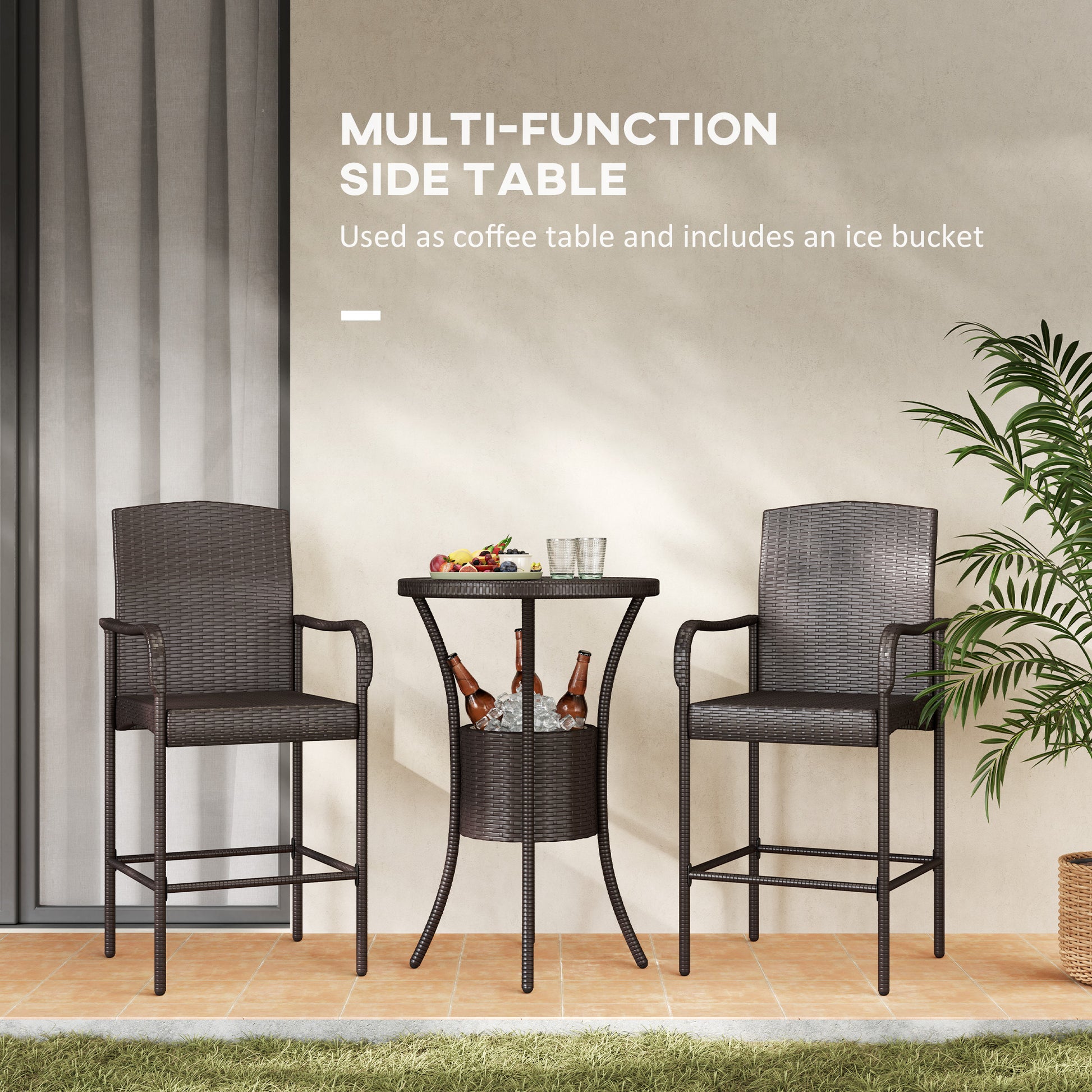 3 Pieces Patio Bar Set, Rattan Bistro Table and Chairs, Outdoor Conversation Furniture Set with Ice Bucket, Dark Brown