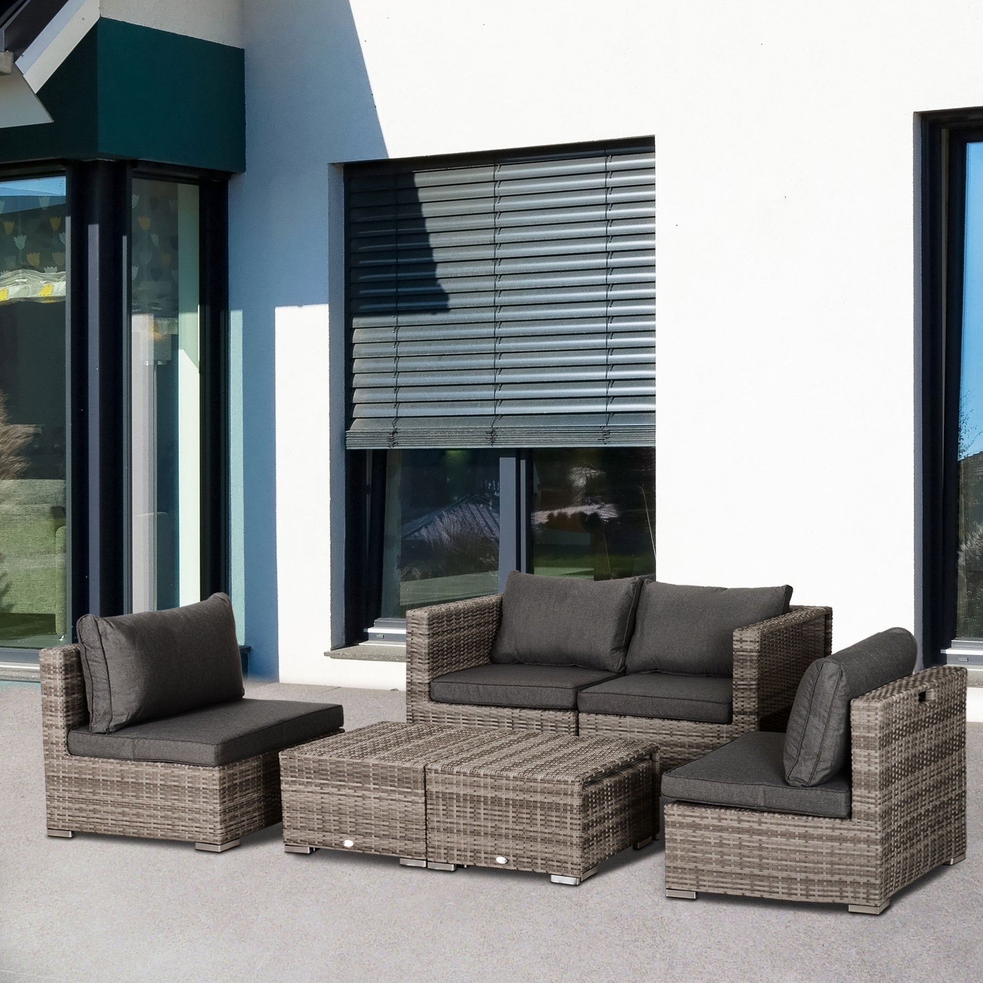 8 Pieces Patio Furniture Set, Outdoor Wicker Rattan Sofa Set Yard Conversation Seat Tea Table and Footstool Garden Patio Furniture w/ 2 Set Cushion Cover Grey & Orange