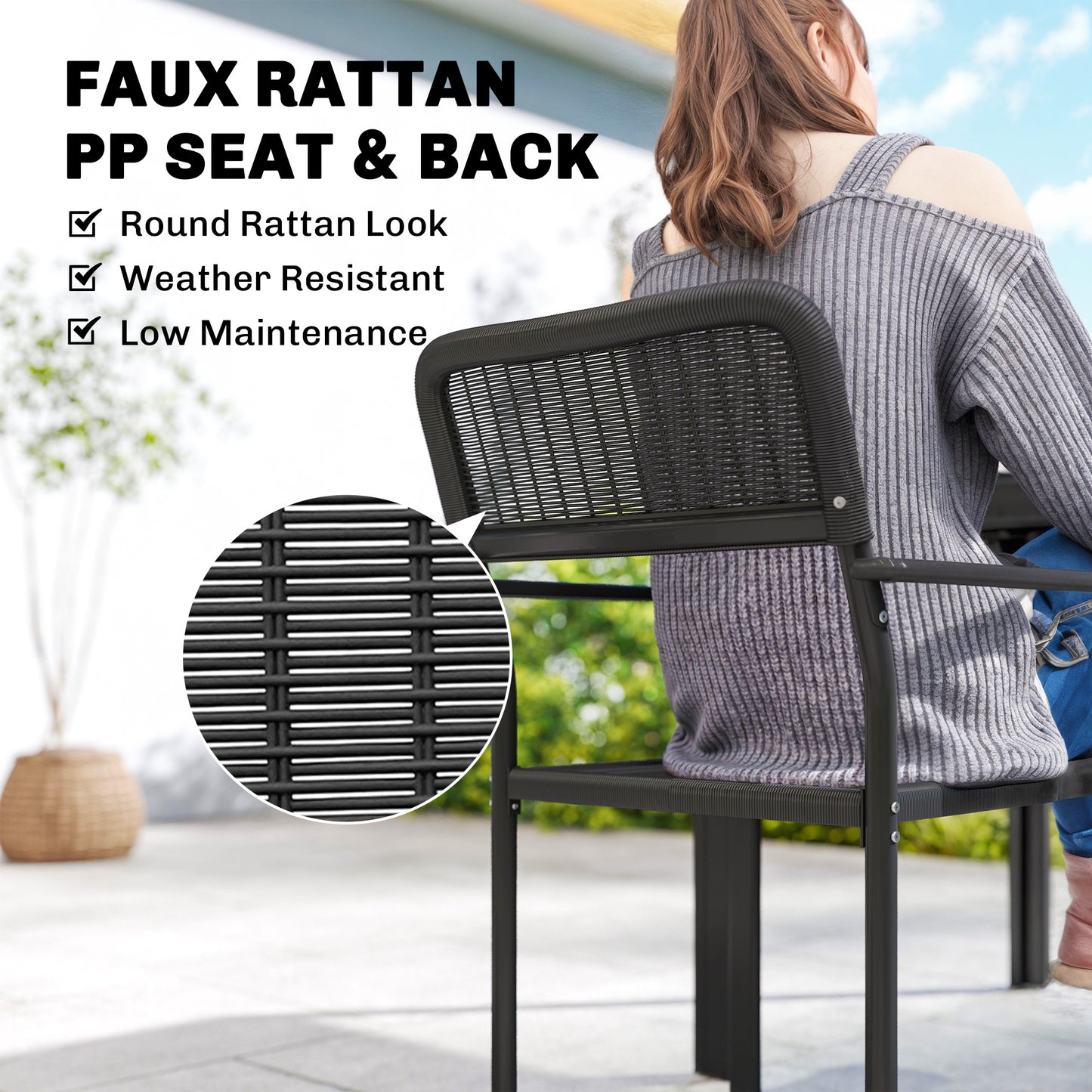 Outdoor Dining Set for 4, Faux Wood Metal Patio Table and Stackable Chairs with Plastic Rattan Effect Seat, Black