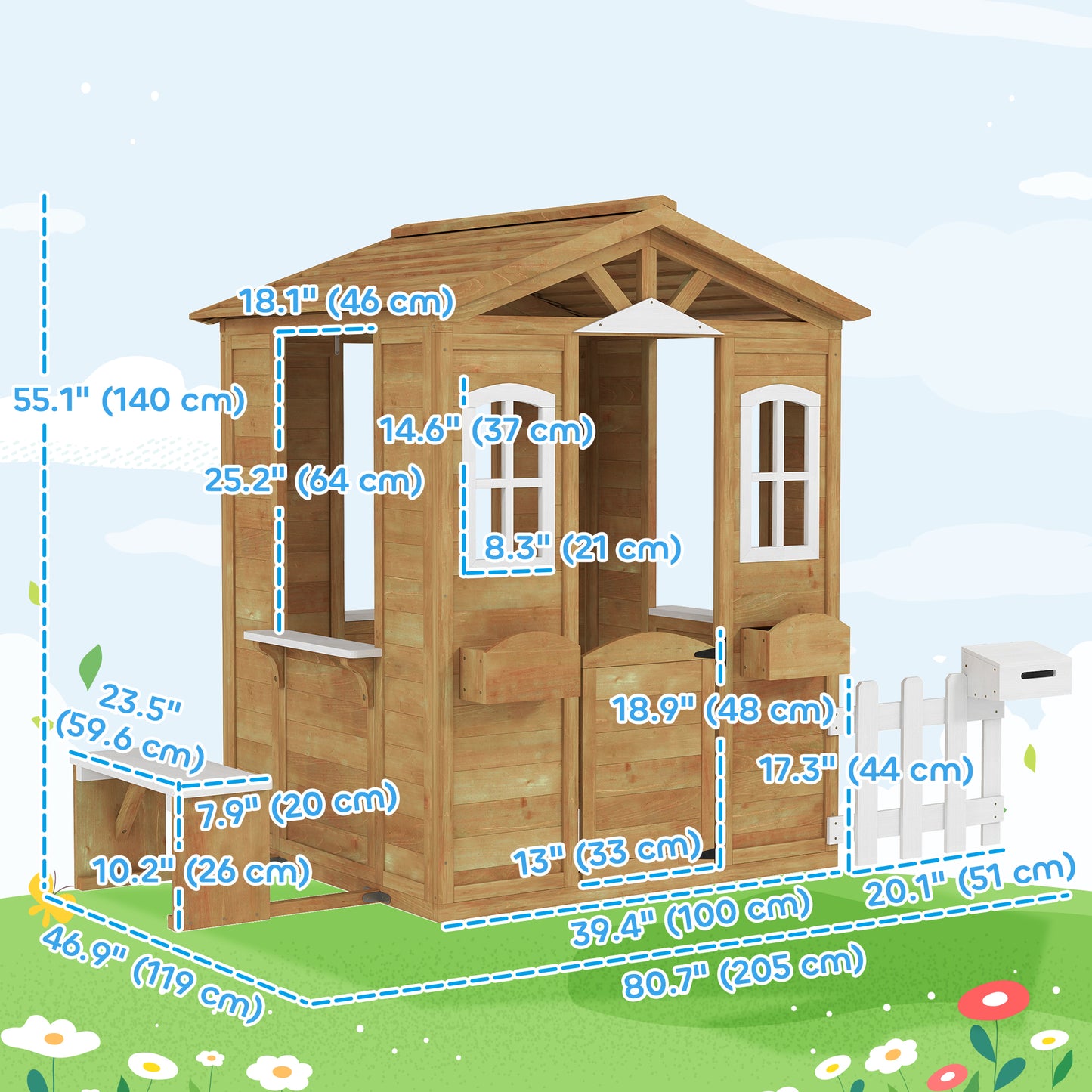 Wooden Kids Playhouse with Door Windows Mailbox Flower Pot Holder Serving Station Bench Yellow