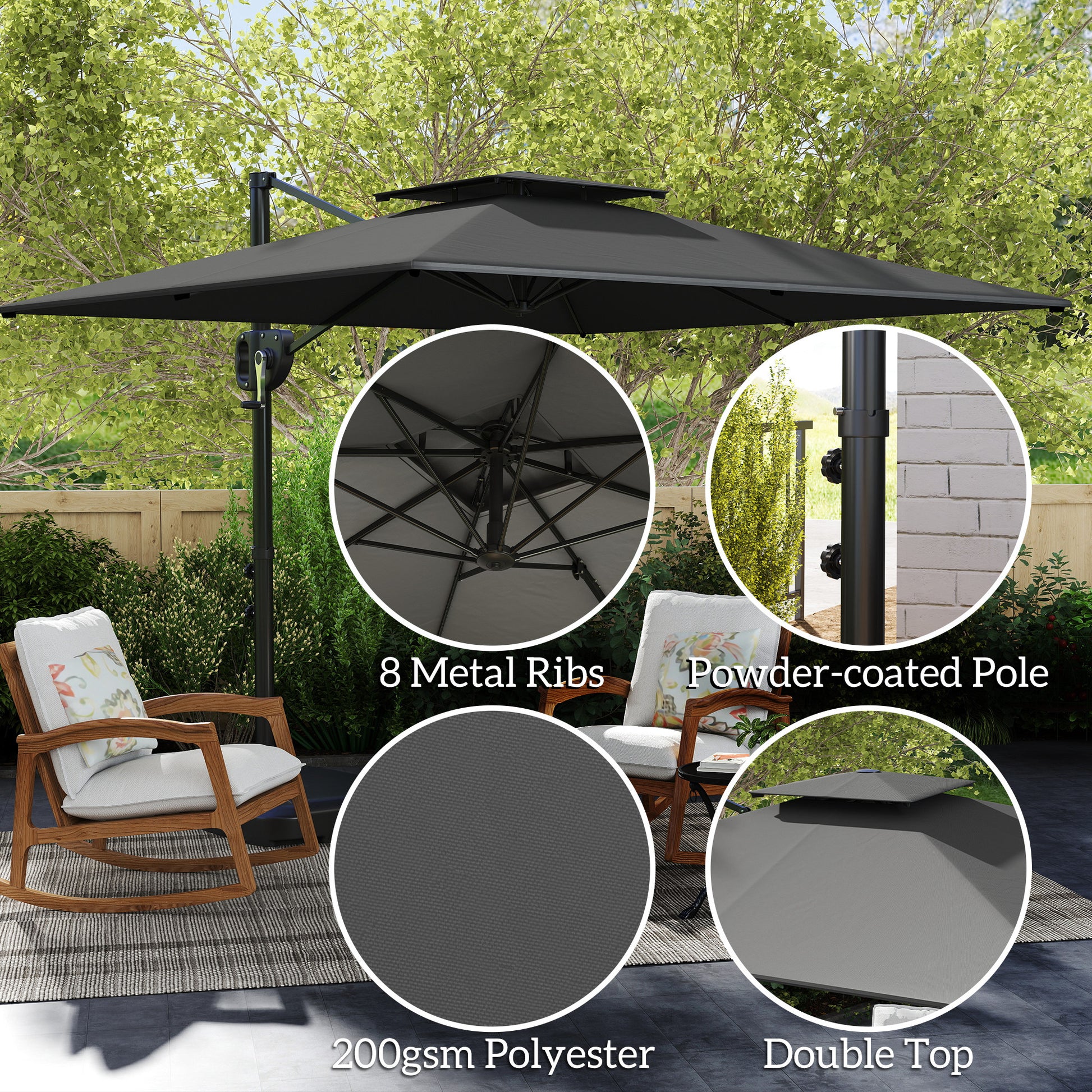 Square Cantilever Patio Umbrella, Double Top Patio Hanging Offset Umbrella with Crank & Tilt, 8' x 9', Dark Grey