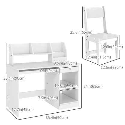 Qaba Kids Desk and Chair Set for 5-8 Year Old with Storage, Study Table and Chair for Children, White