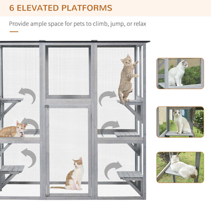 Large Outdoor Catio Enclosure, Weatherproof Cat House with Asphalt Roof, Wooden Cat Patio Cage with 6 Balanced Platforms, 71" x 39" x 71", Grey