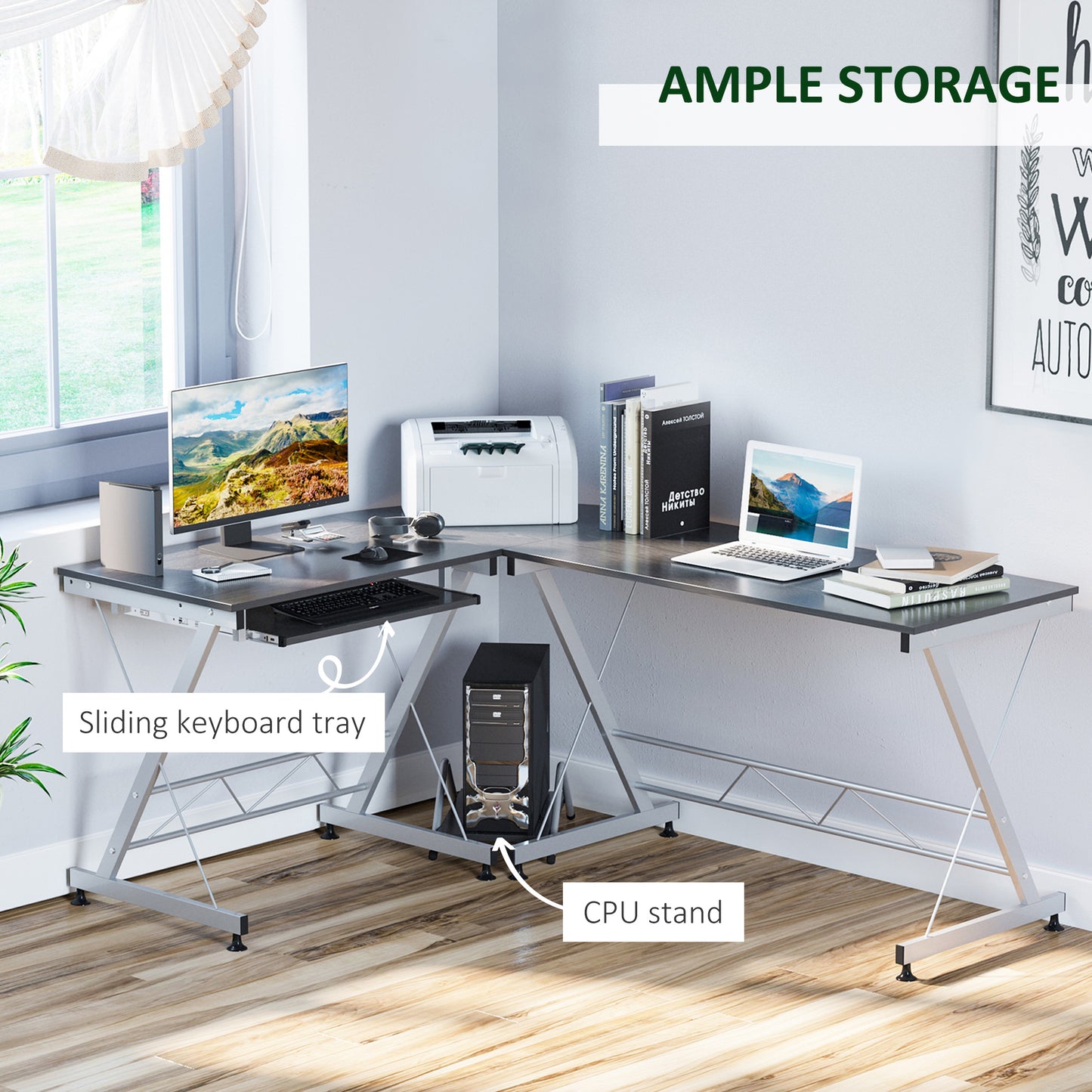 L-Shaped Computer Desk, Corner Table with Keyboard Tray for PC Laptop Desktop, Workstation Stand Home Office Furniture