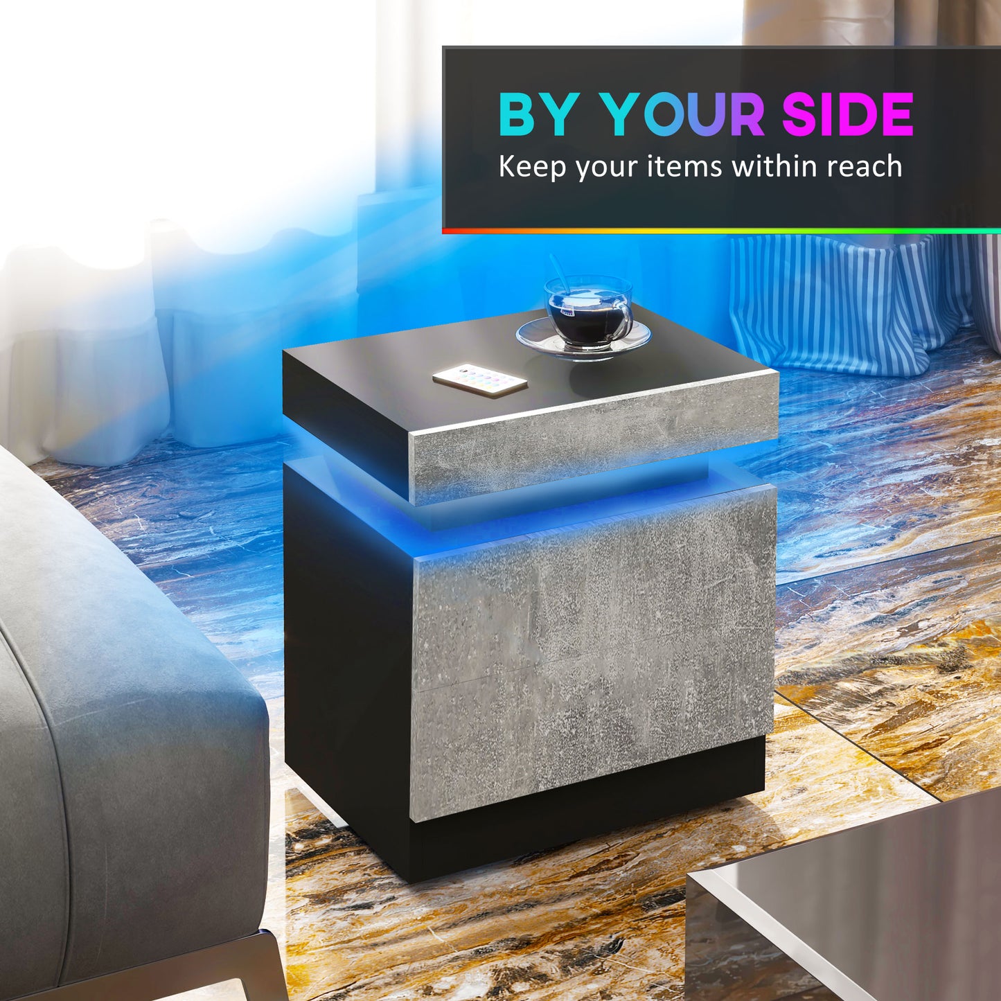 Nightstand, Bedside Table with LED Lights and 2 Drawers for Bedroom, Living Room, Cement Grey
