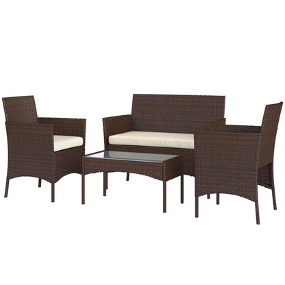 4 Pieces Wicker Outdoor Balcony Furniture Set Rattan Patio Furniture Set with Loveseat Chairs Glass Coffee Table Beige