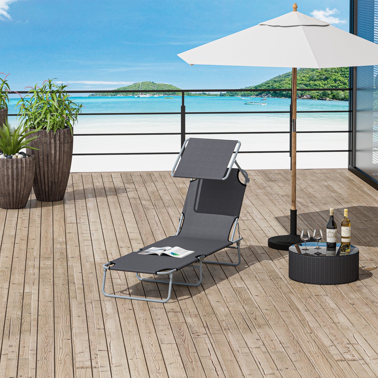 Outdoor Lounge Chair, Adjustable Folding Chaise Lounge, Tanning Chair with Sun Shade for Beach, Camping, Hiking, Backyard, Grey