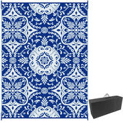 Portable Outdoor Rug with Carry Bag, 9' x 12' Reversible Mat, Waterproof Plastic Straw RV Rug for Backyard, Deck, Picnic, Beach, Camping, Blue & White Flower