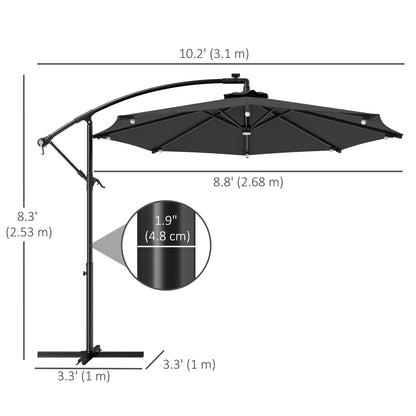 8.8FT Cantilever Patio Umbrella with Solar Powered LED Lights, Crank Handle, Cross Base for Outdoor Sun Shade, Grey