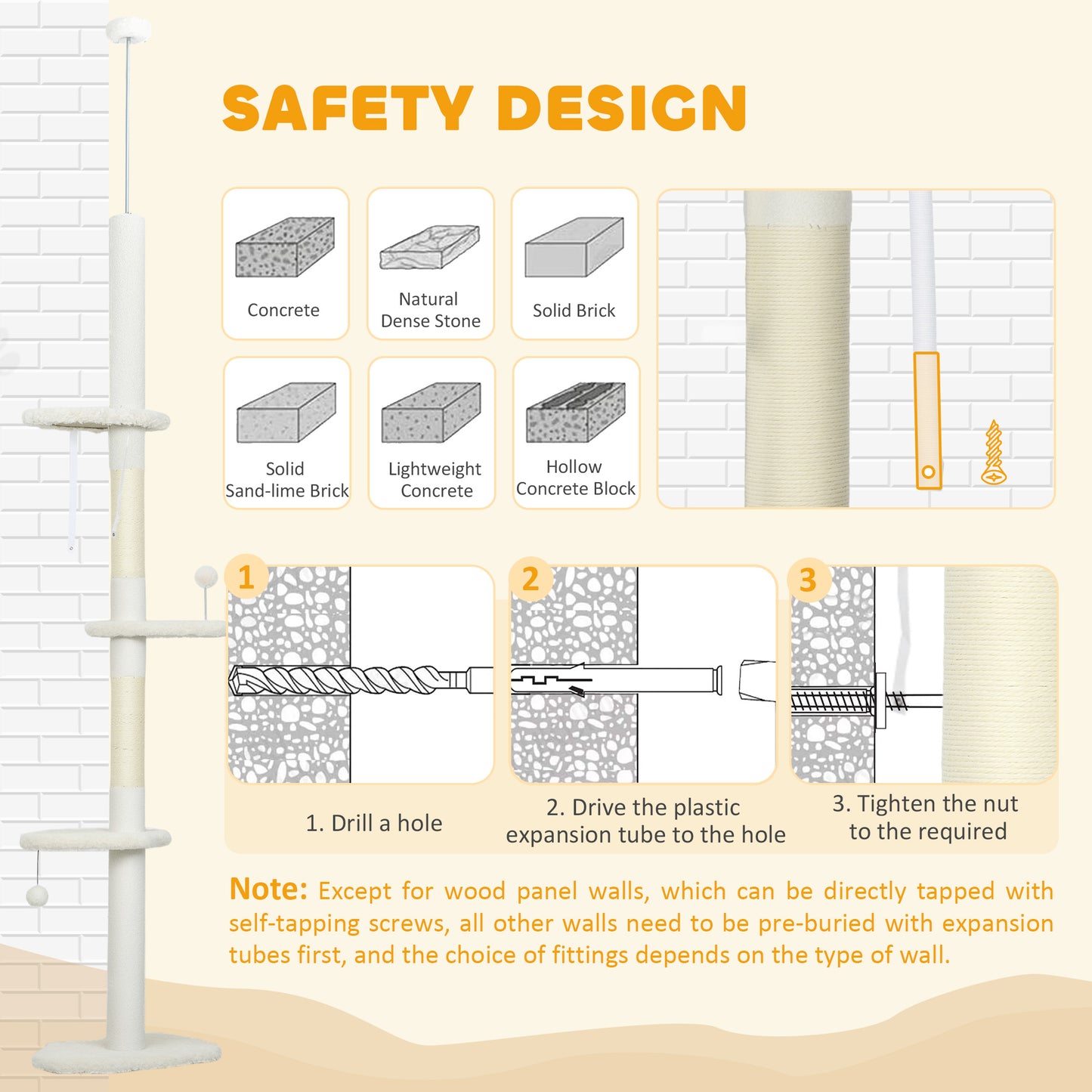 88.5"-100.5" Floor to Ceiling Cat Tree, Cat Tower with Scratching Posts, Cloud Shaped Platforms, Dangling Balls, Cream