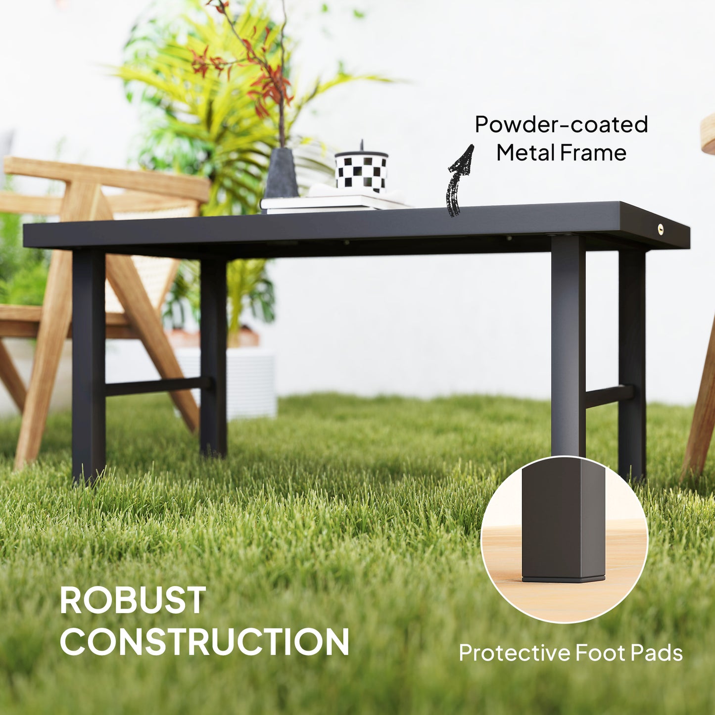 Outdoor Side Table with SPC Woodgrain Tabletop, Metal Patio Coffee Table for Outside Garden, Distressed Grey