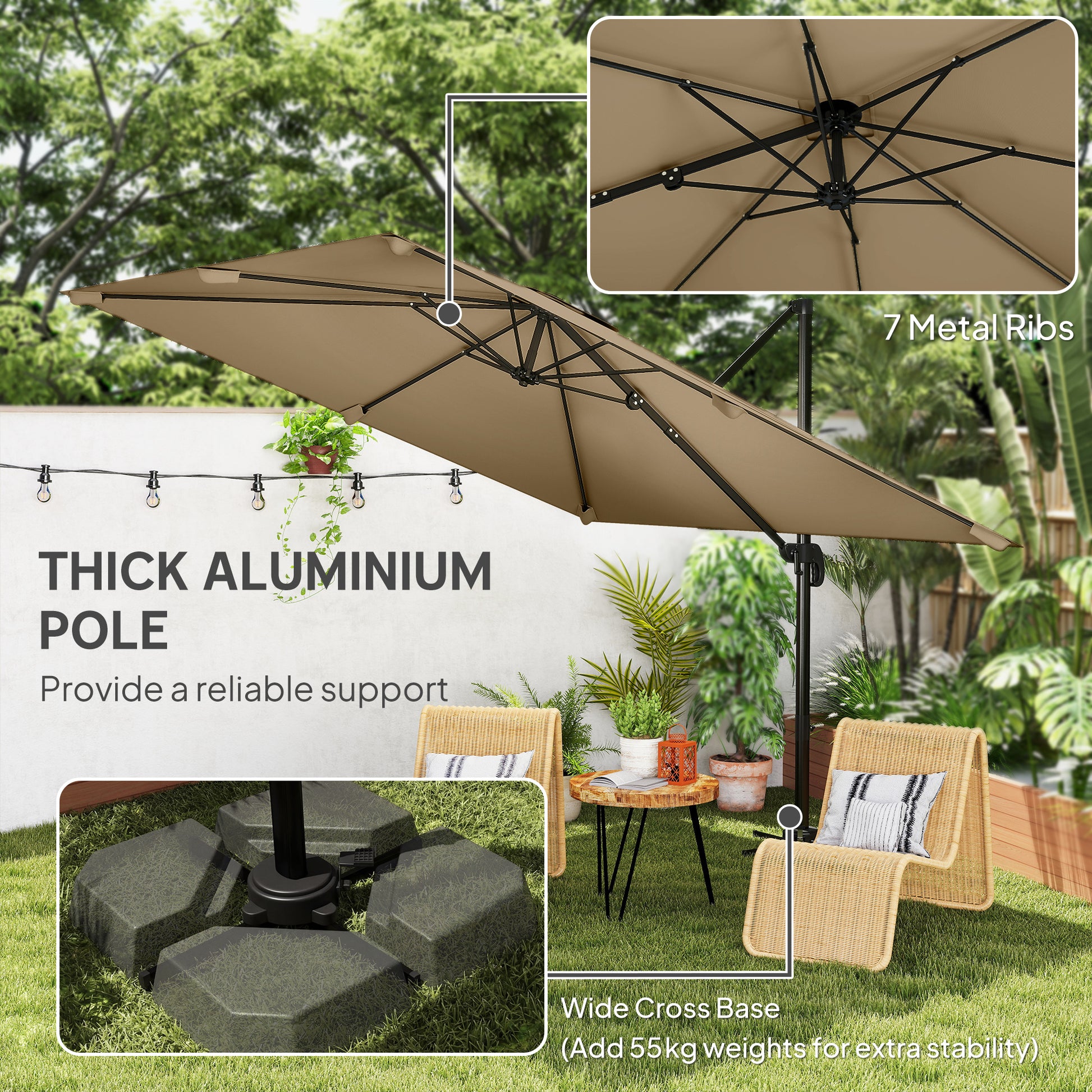 10 FT Cantilever Patio Umbrella, Square Patio Umbrella with Crank Handle, Cross Base and Tilt, 360° Rotation