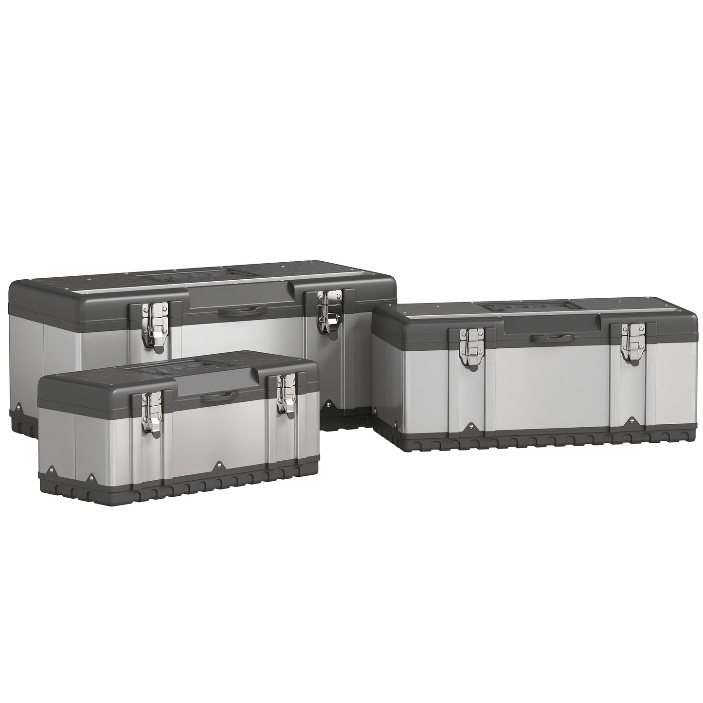 3 Pieces Tool Box Set, Stainless Steel Toolbox with Tray, Handles, Latches, Tool Case for Workshop, Garage
