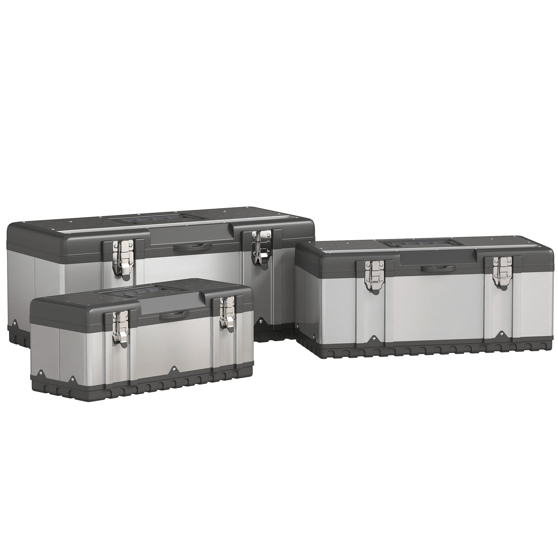 3 Pieces Tool Box Set, Stainless Steel Toolbox with Tray, Handles, Latches, Tool Case for Workshop, Garage