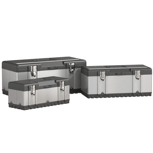 3 Pieces Tool Box Set, Stainless Steel Toolbox with Tray, Handles, Latches, Tool Case for Workshop, Garage