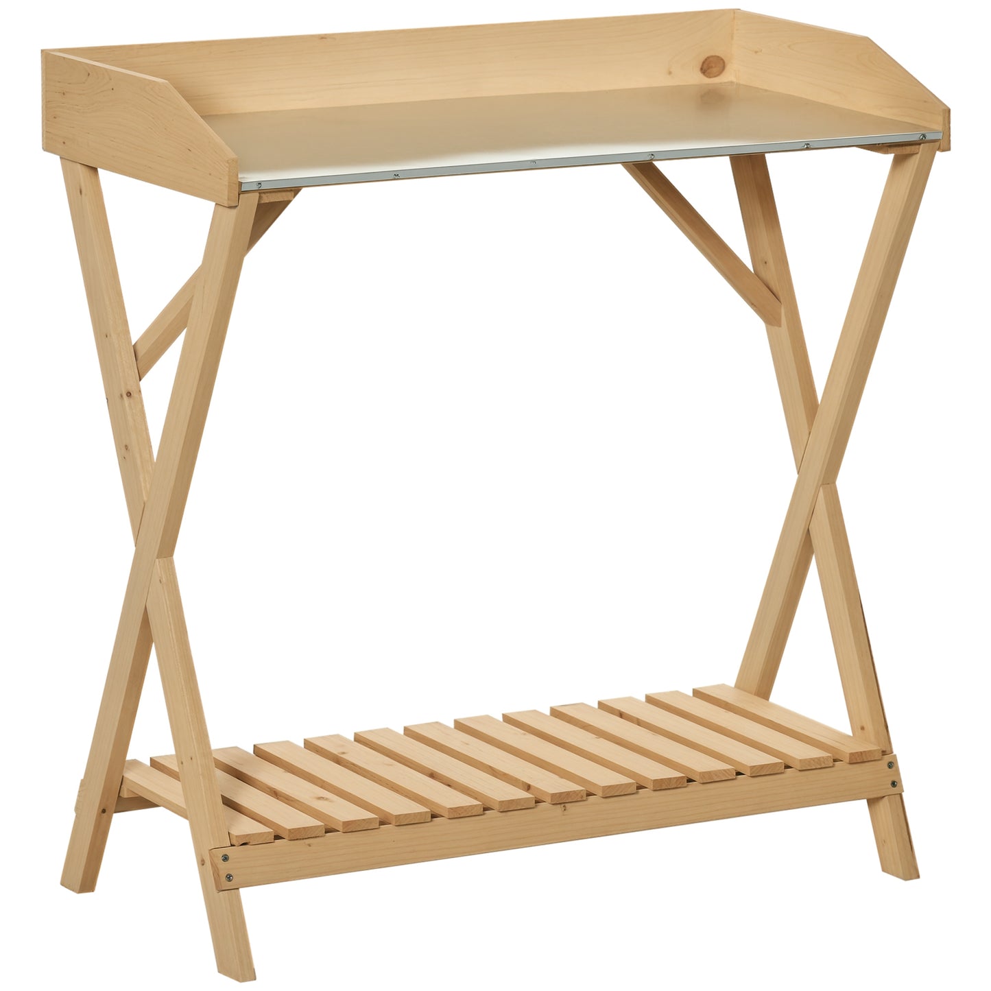 Garden Potting Bench Table, Wooden Work Station, Outdoor Planting Workbench w/ Galvanized Metal Tabletop and Storage Shelf