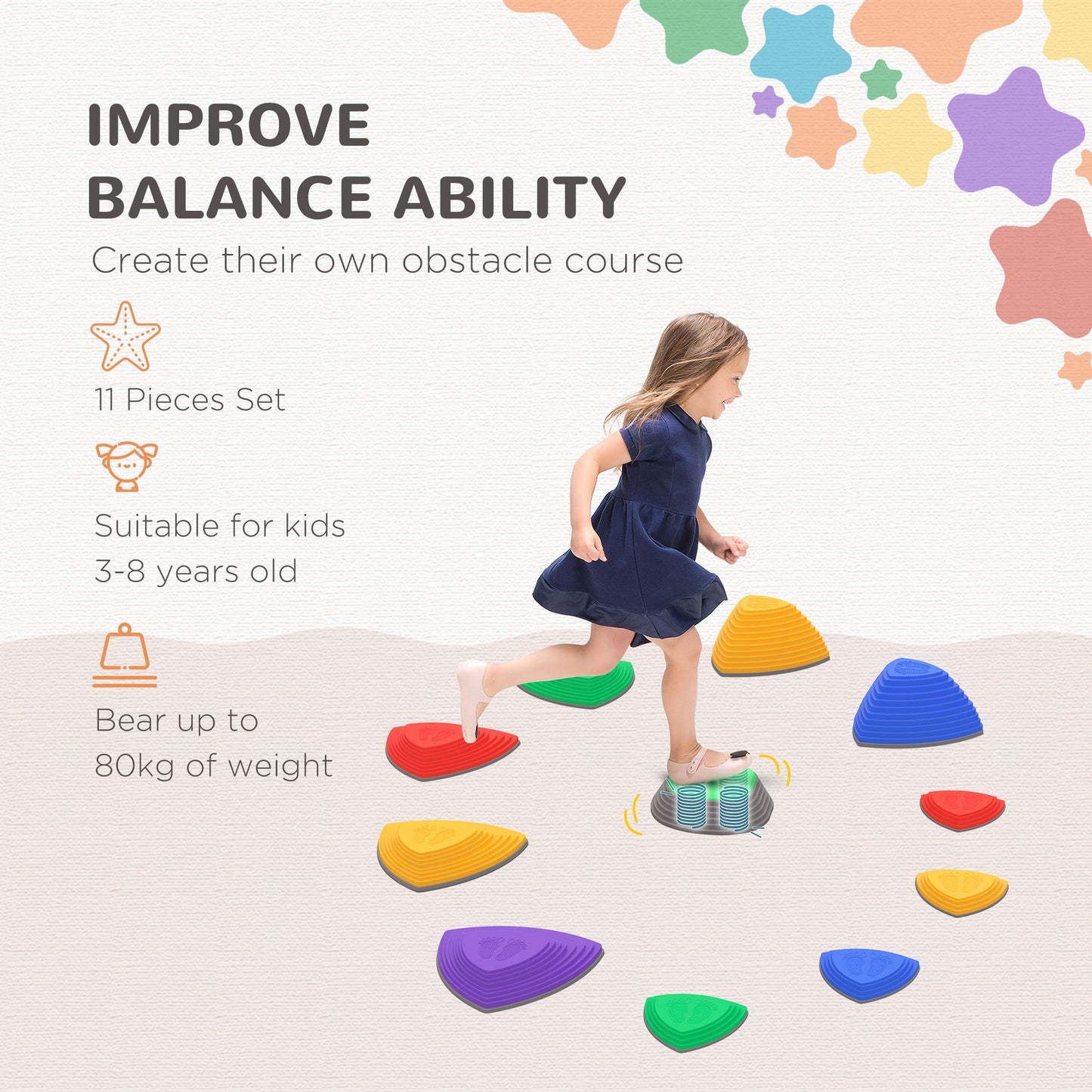 11 PCs Stepping Stones Kids with Non-slip Rubber, Stackable Balance Step Stones for Obstacle Course Sensory Play, Outdoor Indoor for 3-8 Years Old