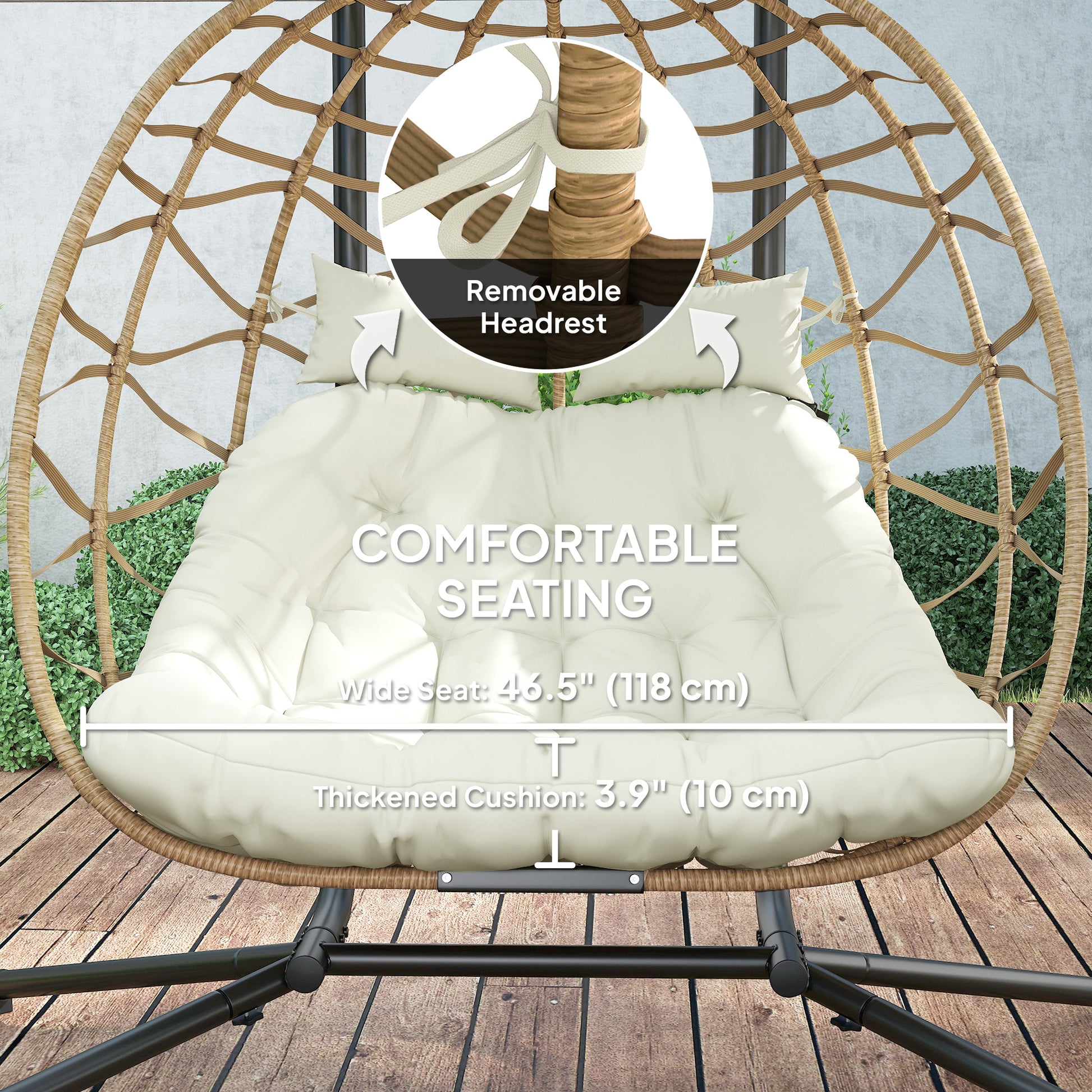 Double Wicker Egg Swing Chair with Canopy, Foldable Hanging Egg Chair with Stand Cushion Headrest, Beige