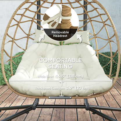 Double Wicker Egg Swing Chair with Canopy, Foldable Hanging Egg Chair with Stand Cushion Headrest, Beige