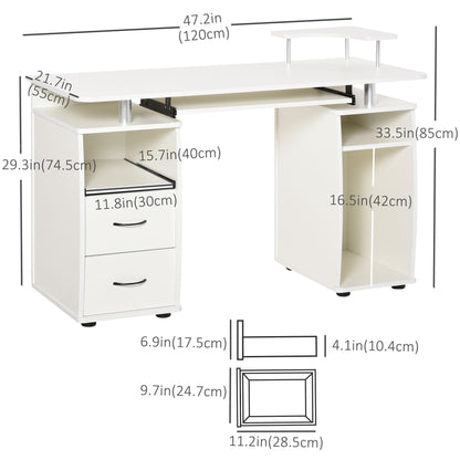 Computer Desk with Keyboard Tray, Home Office Desk with Drawers, CPU Stand, Printer Stand and Open Shelves, Writing Workstation for Study, White