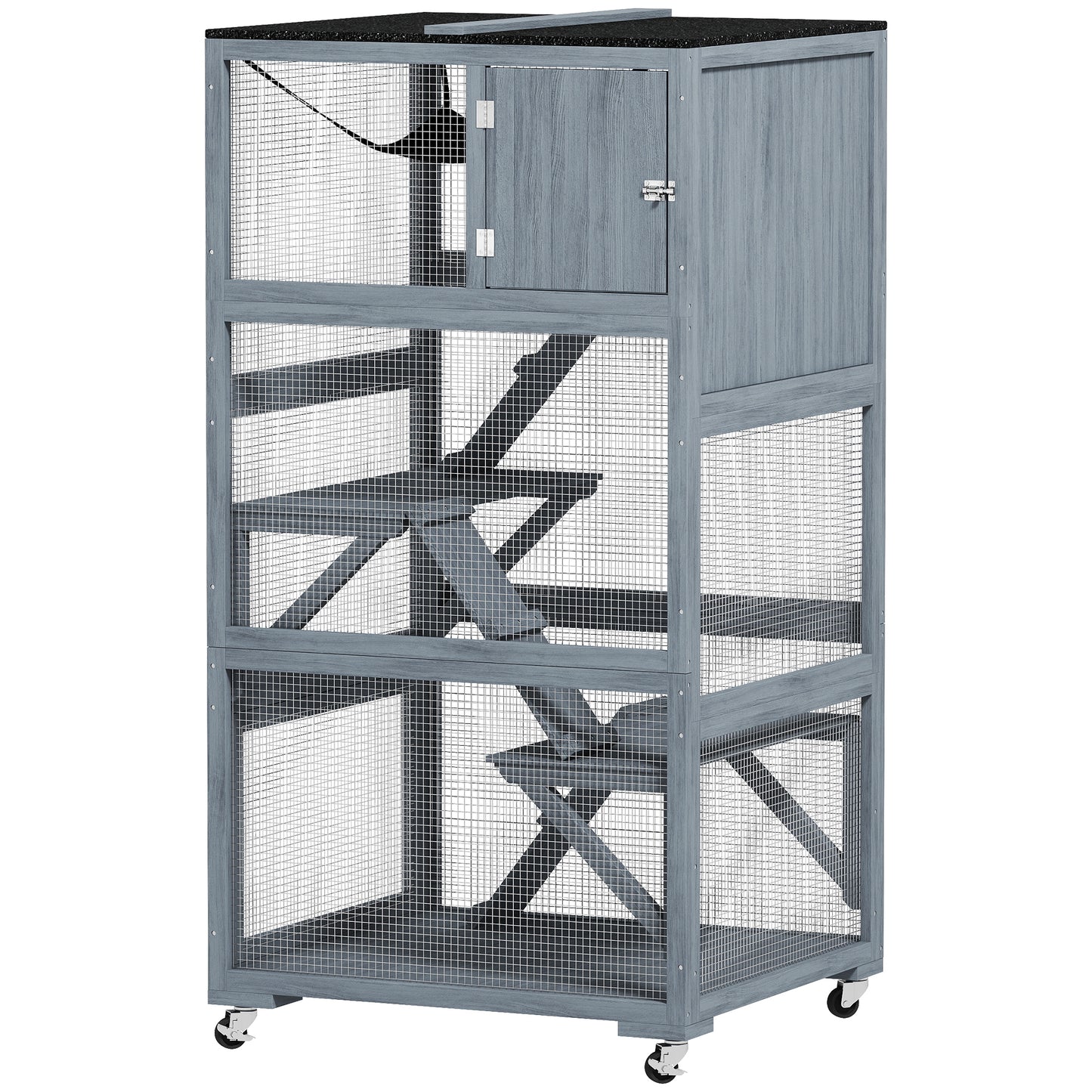 66"H Catio Outdoor Cat Enclosure on Wheels with Hammock Multiple Platforms Resting Condo Ramps for 1-3 Cats, Grey