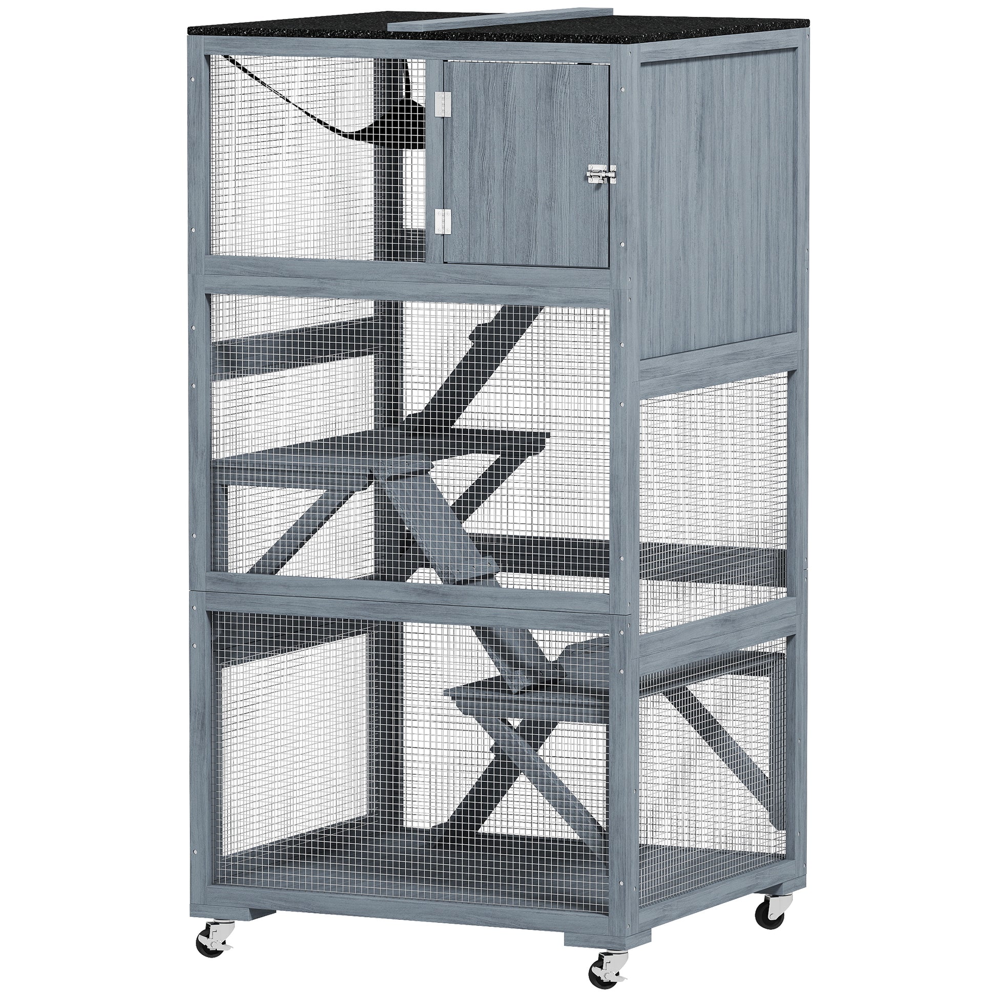 66"H Catio Outdoor Cat Enclosure on Wheels with Hammock Multiple Platforms Resting Condo Ramps for 1-3 Cats, Grey