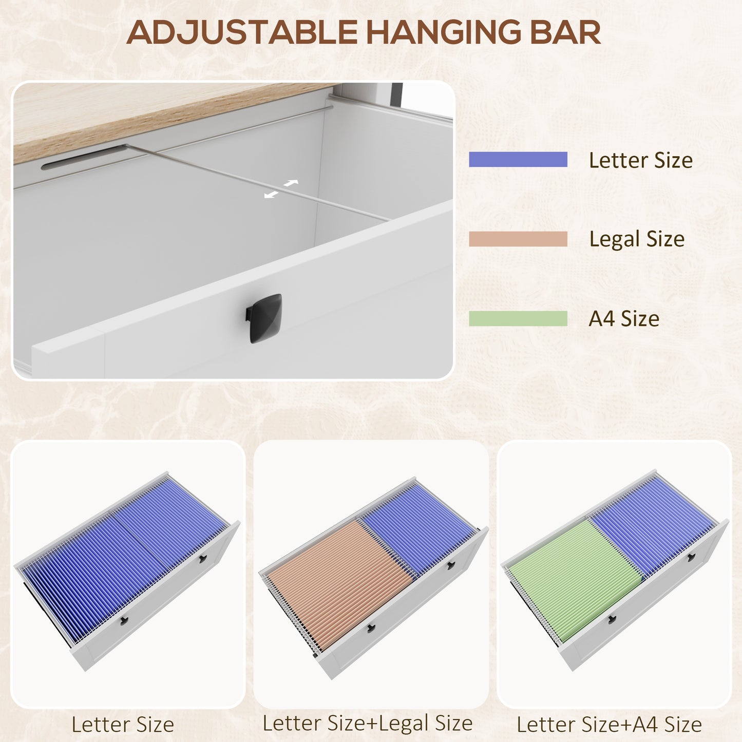 2 Drawer File Cabinet, Lockable Filing Cabinet with Adjustable Hanging Bar for Letter, A4 and Legal Size, White