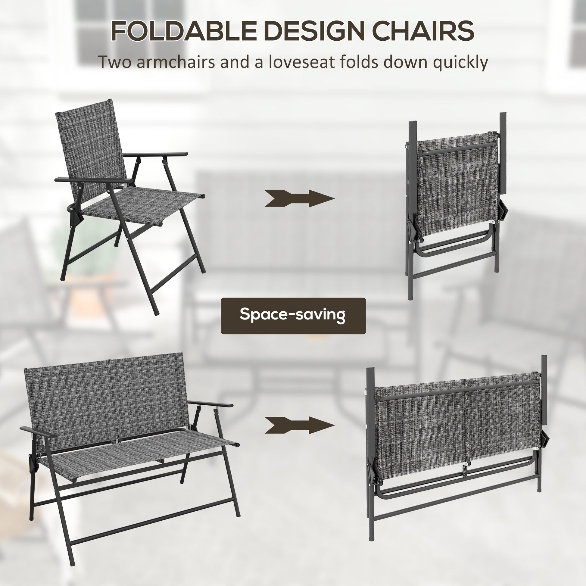 Outdoor 4 Pieces Patio Furniture Set, Garden Set with Two Foldable Armchairs, a Loveseat & Glass Top Table, Mixed Grey