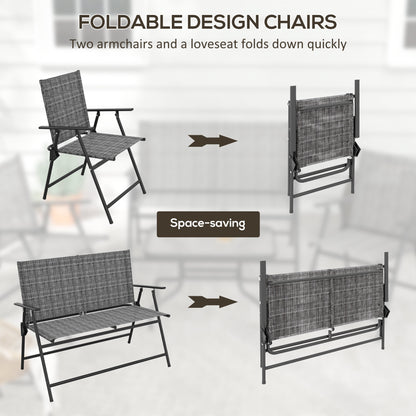 Outdoor 4 Pieces Patio Furniture Set, Garden Set with Two Foldable Armchairs, a Loveseat & Glass Top Table, Mixed Grey