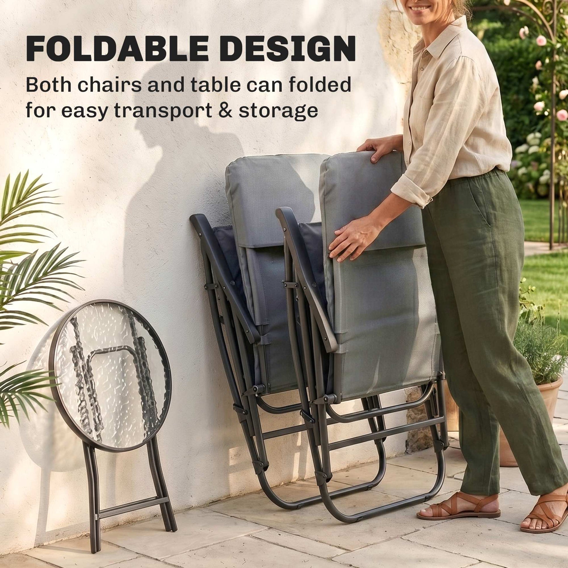 3-Piece Outdoor Foldable Rocking Chair Set, Light Grey