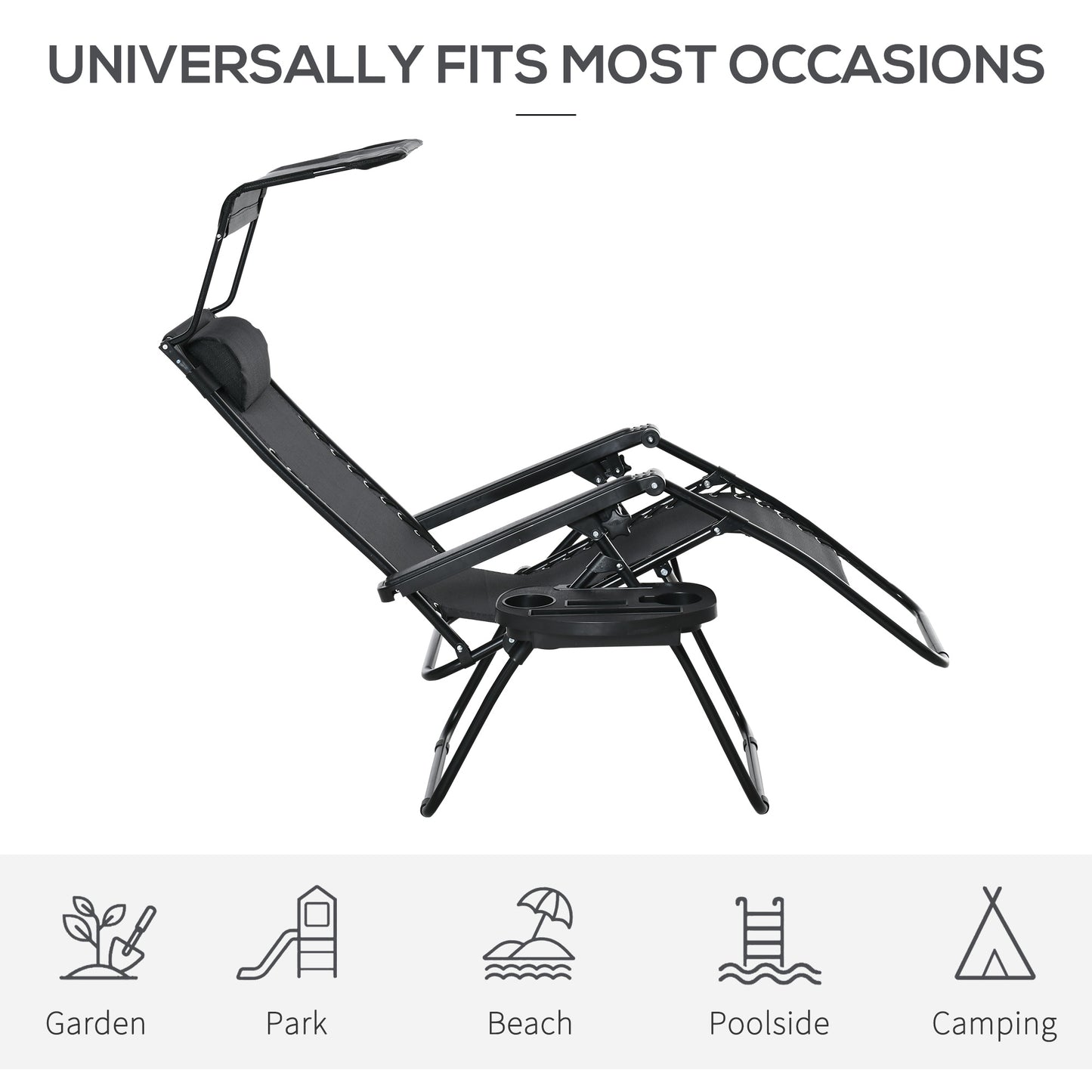 2 Piece Foldable Lounge Chair with Canopy Shade, Outdoor Zero Gravity Chair w/ Side Tray & Cup Holder, Reclining Lounger w/ Breathable Mesh Fabric Seat, Pillow, Black