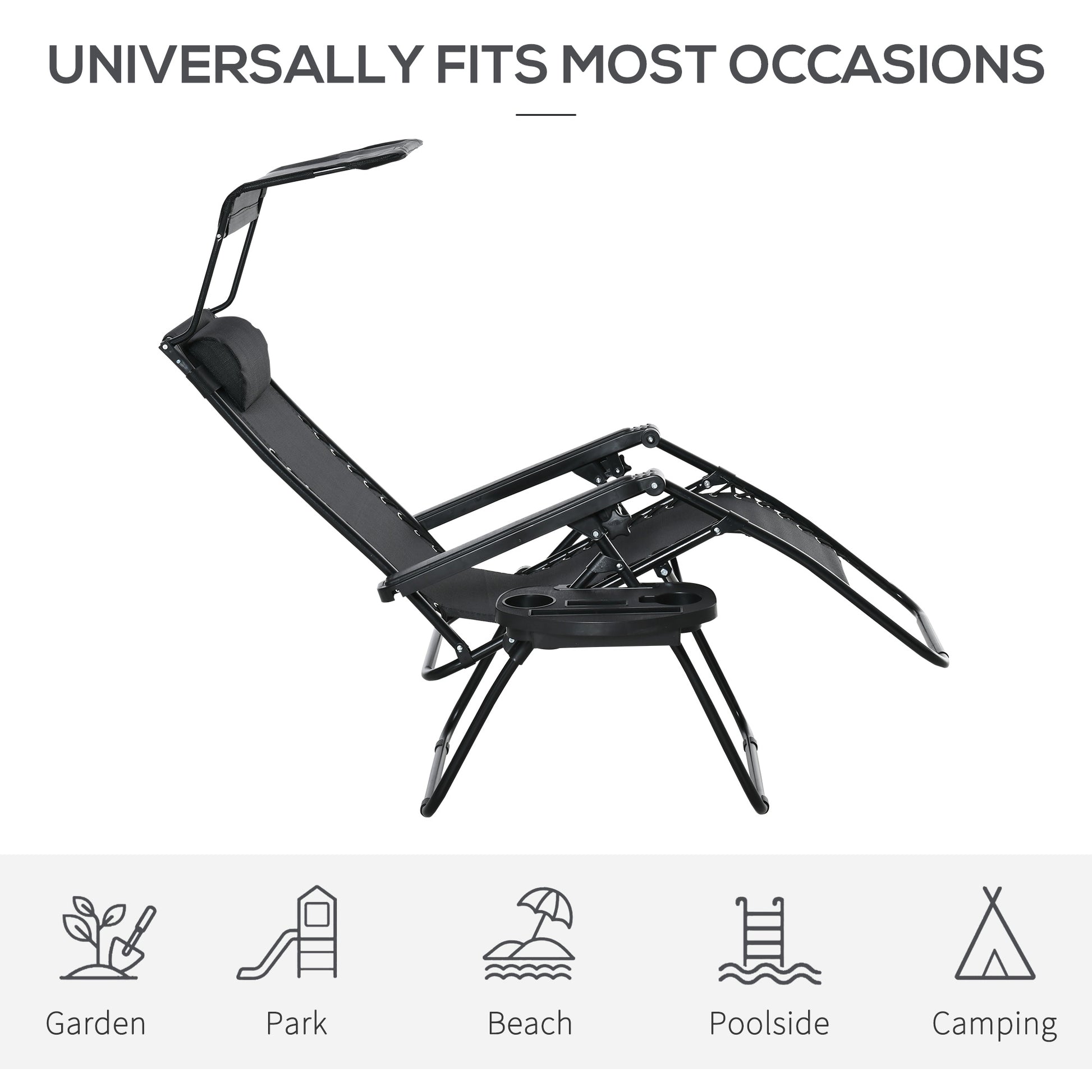 2 Piece Foldable Lounge Chair with Canopy Shade, Outdoor Zero Gravity Chair w/ Side Tray & Cup Holder, Reclining Lounger w/ Breathable Mesh Fabric Seat, Pillow, Black