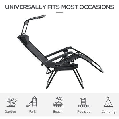 2 Piece Foldable Lounge Chair with Canopy Shade, Outdoor Zero Gravity Chair w/ Side Tray & Cup Holder, Reclining Lounger w/ Breathable Mesh Fabric Seat, Pillow, Black