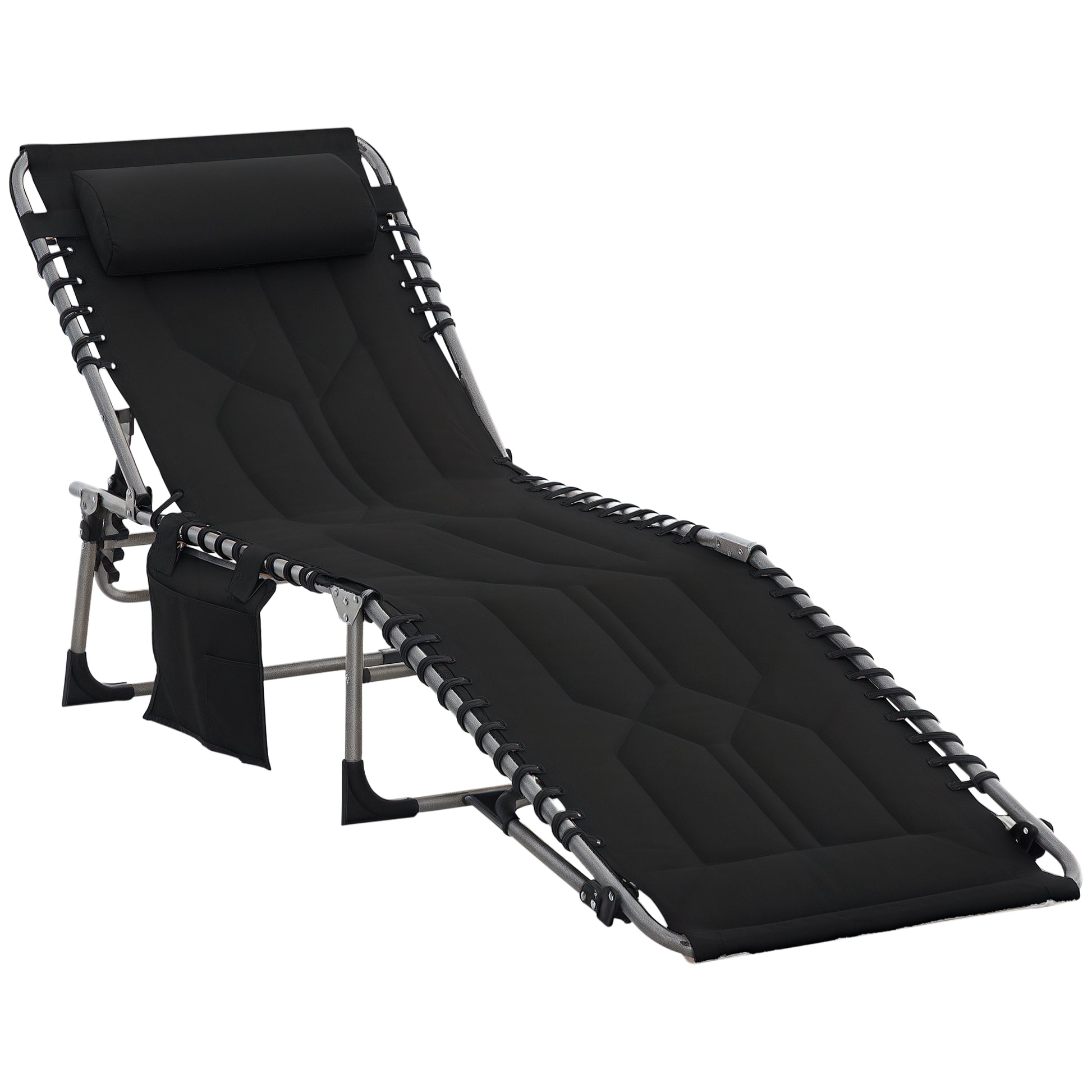Folding Chaise Lounge Chair, Outdoor Padded Reclining Chair with 5-position Adjustable Backrest, Pillow and Pocket for Patio, Deck, Beach, Lawn and Sunbathing, Black