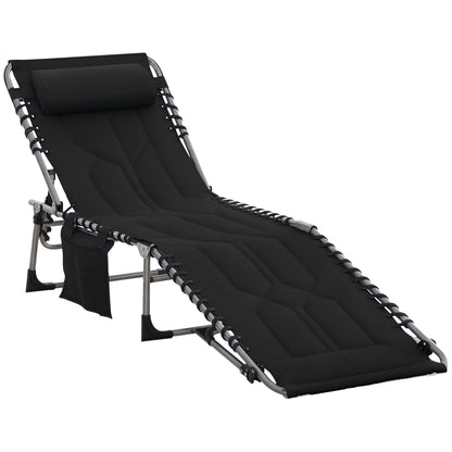 Folding Chaise Lounge Chair, Outdoor Padded Reclining Chair with 5-position Adjustable Backrest, Pillow and Pocket for Patio, Deck, Beach, Lawn and Sunbathing, Black