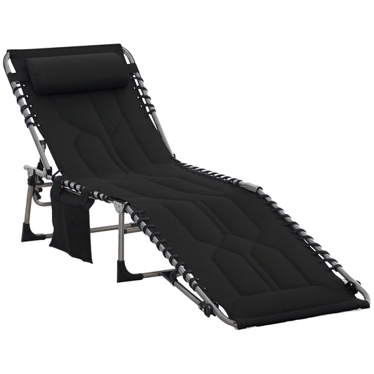 Folding Chaise Lounge Chair, Outdoor Padded Reclining Chair with 5-position Adjustable Backrest, Pillow and Pocket for Patio, Deck, Beach, Lawn and Sunbathing, Black