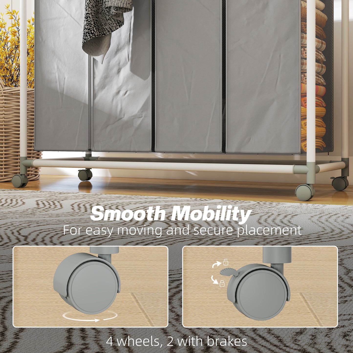 Laundry Hamper with Wheels, 160L Laundry Basket with 4 Removable Bags for Bedroom, Bathroom, Grey