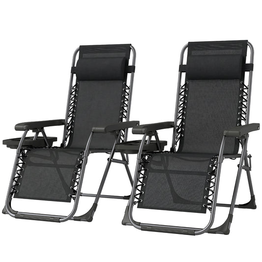 Zero Gravity Chair Set of 2, Folding Reclining Outdoor Lounge Chair with Cup Holder, Headrest, Black