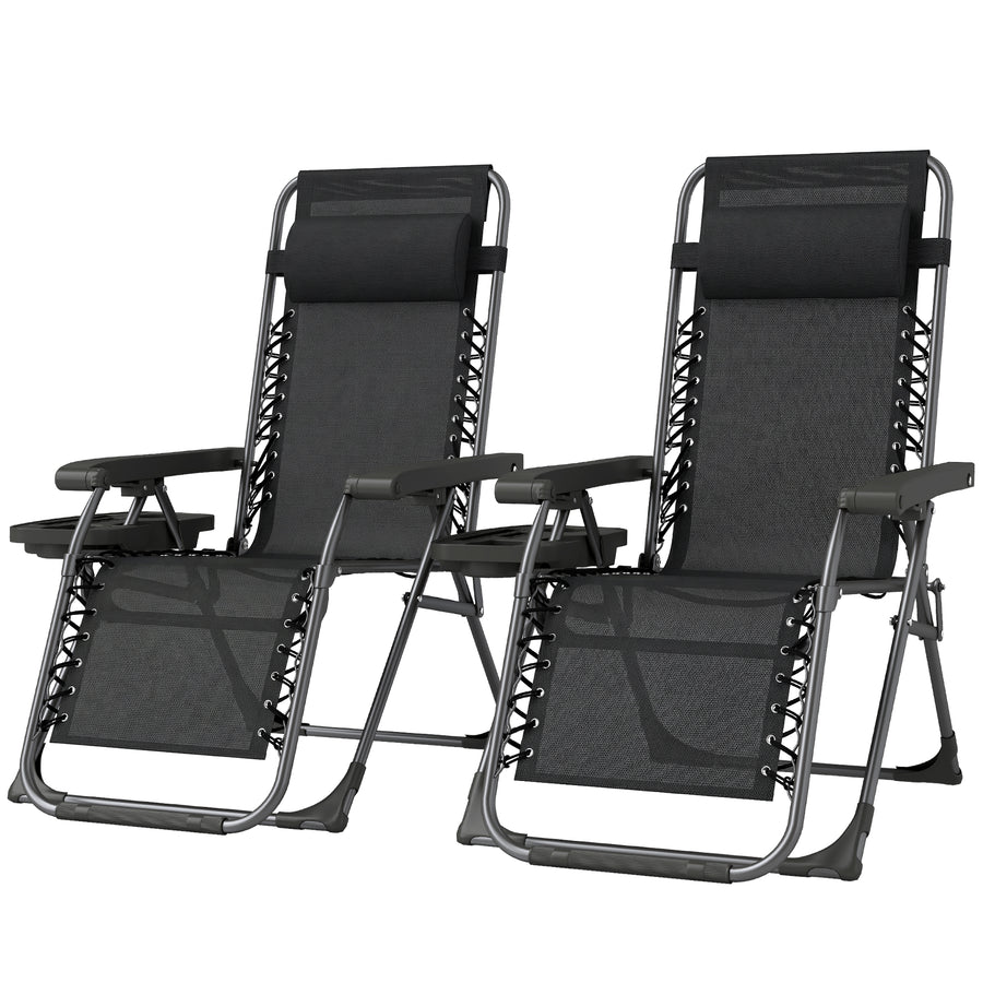 Zero Gravity Chair Set of 2, Folding Reclining Outdoor Lounge Chair with Cup Holder, Headrest, Black