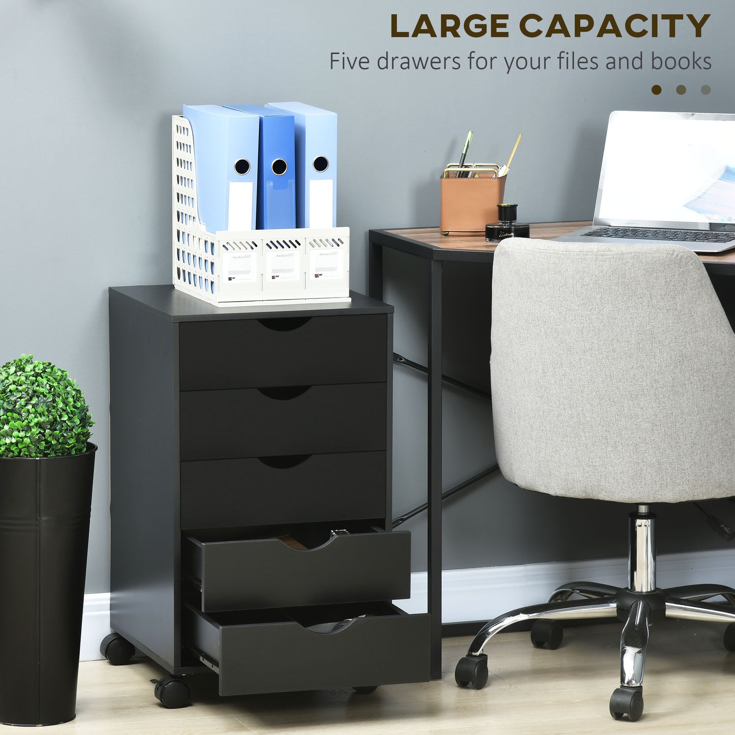 File Cabinet with 5 Drawer Wheels, 15.7" x 15.7" x 26.4", Black
