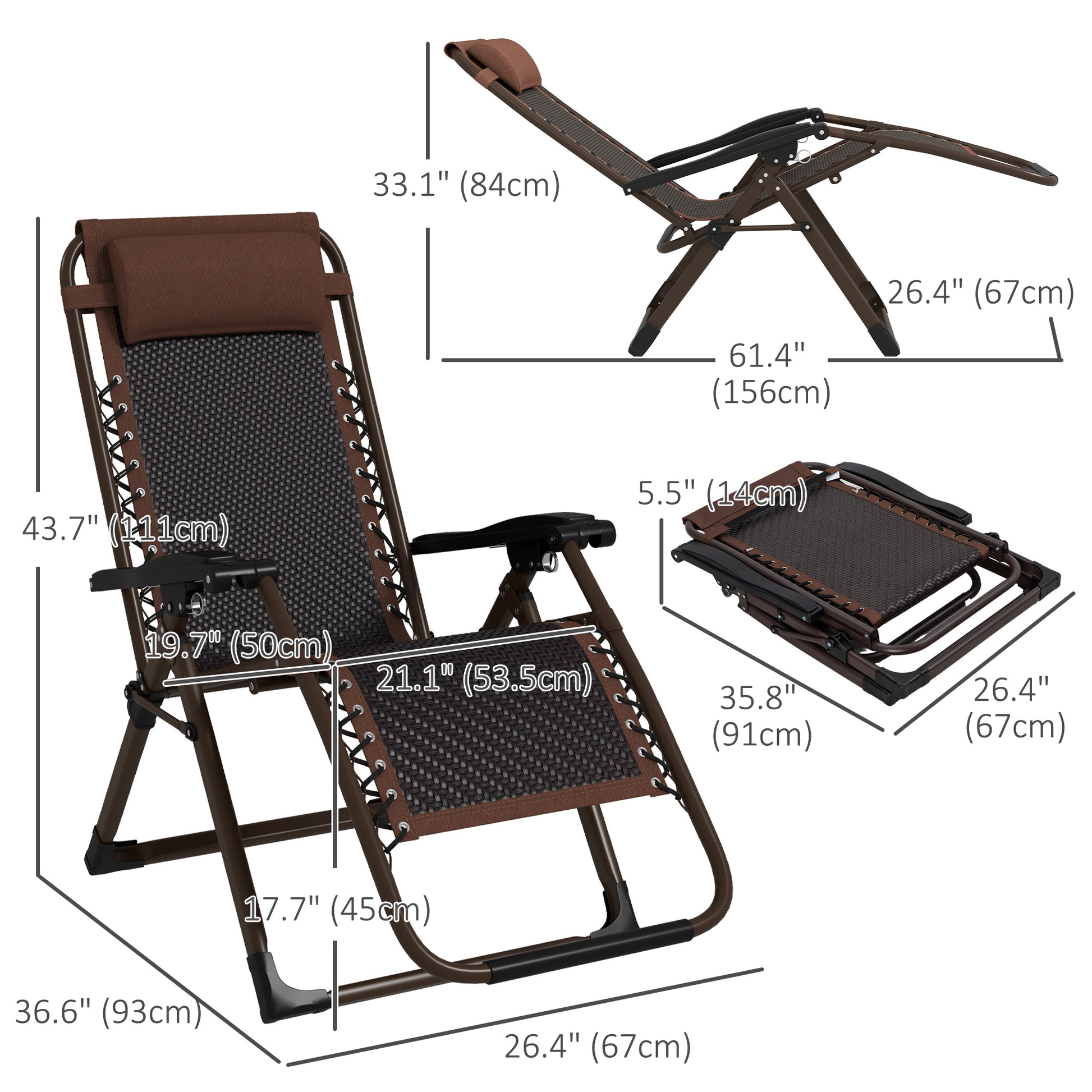 Outdoor Zero Gravity Chair, Folding PE Rarran Reclining Patio Lounge Chair with Recline Back, Headrest, Footrest, for Poolside, Garden, Brown
